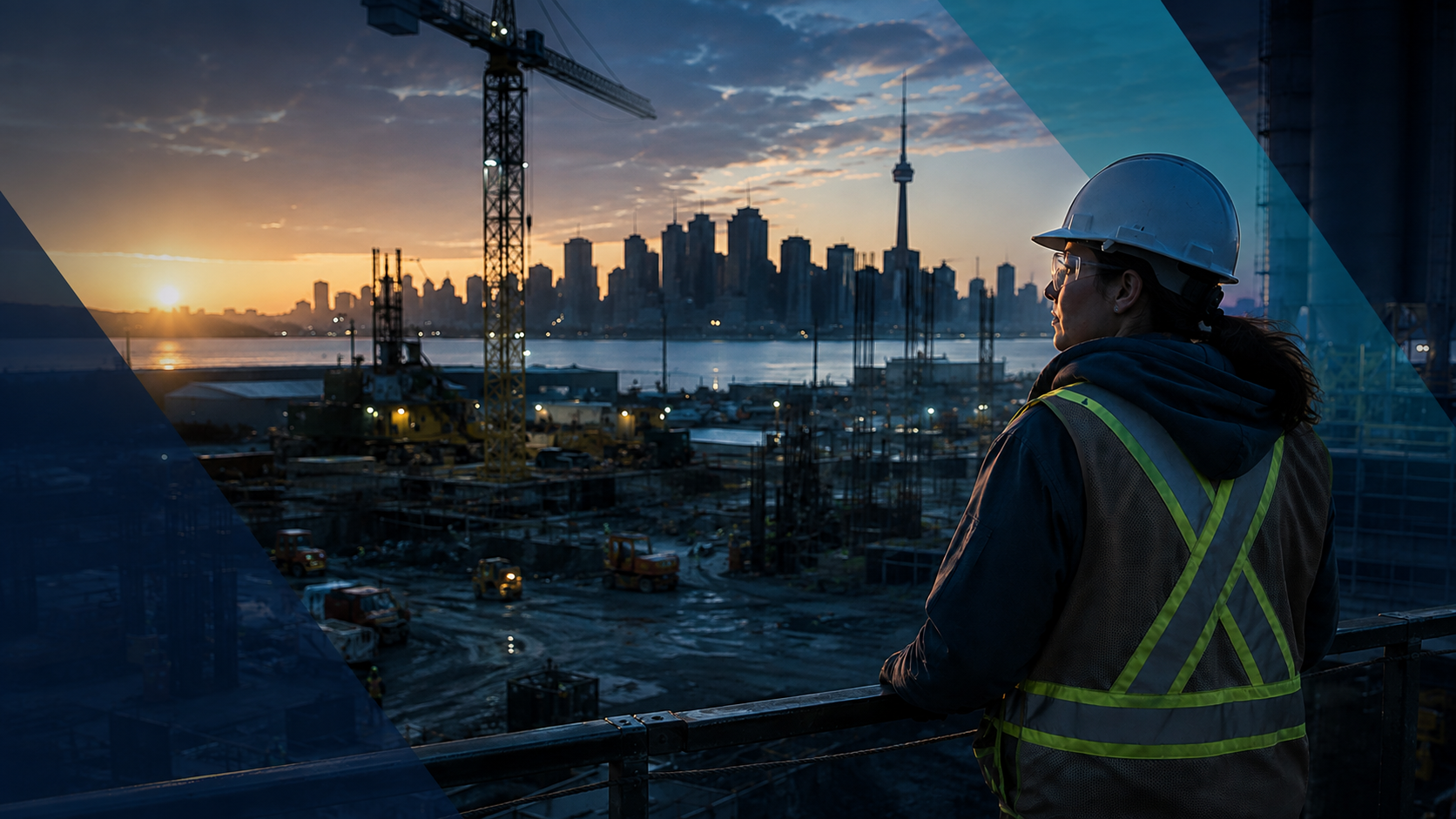 Worker in a hard hat and high-visibility vest overlooking a Canadian construction site at dusk