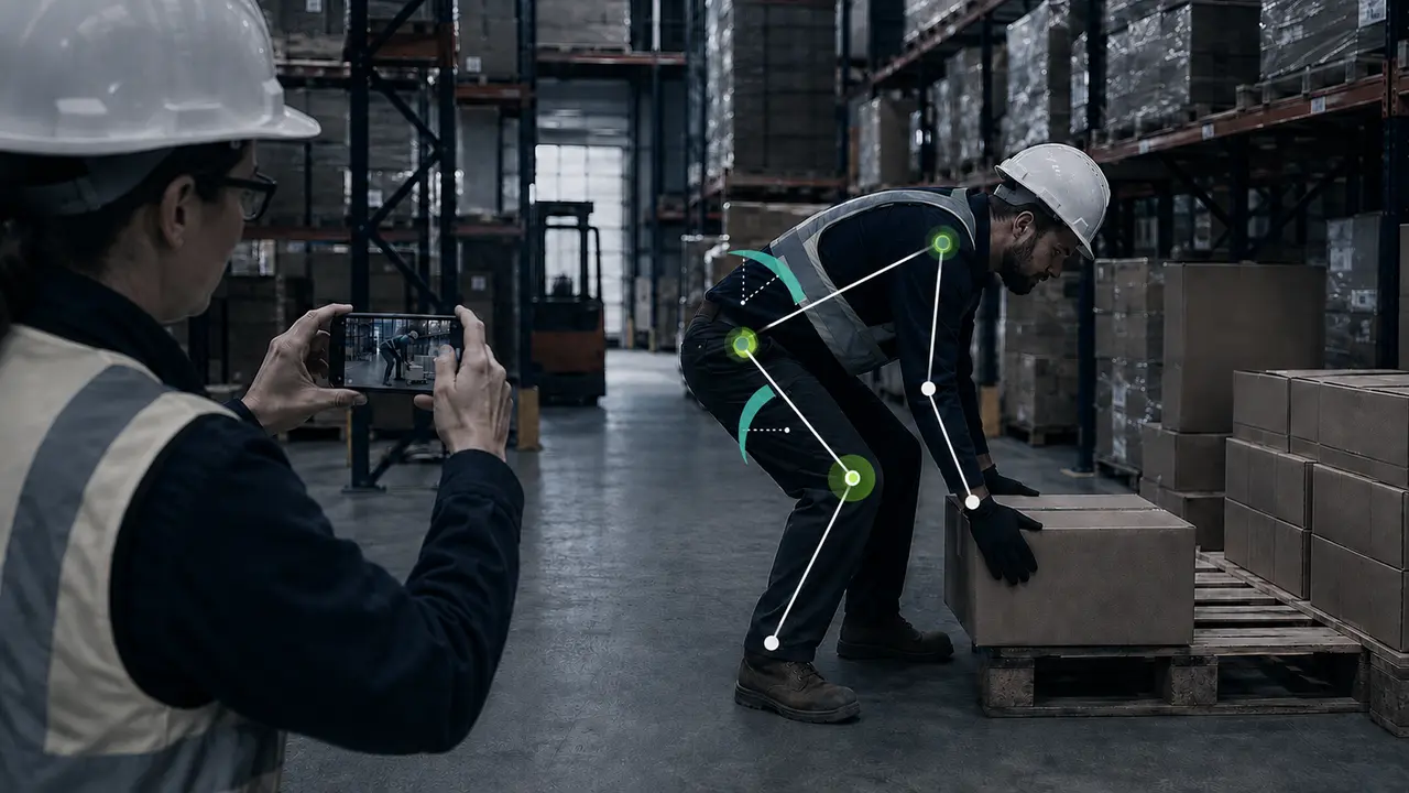 A safety professional records a warehouse worker lifting a box while movement-analysis indicators show body position and joint angles.