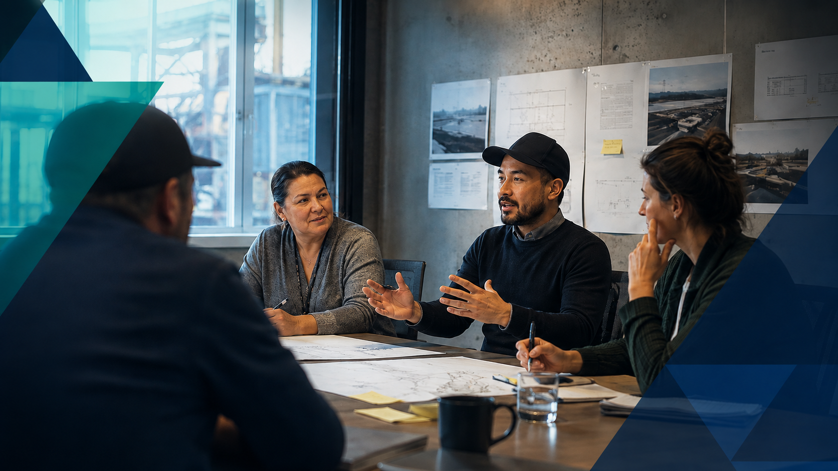 Practitioners discussing site drawings around a table in a workshop session